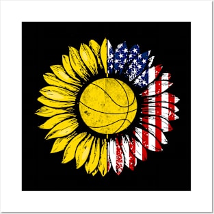 Sunflower American Flag Basketball Lover Gifts 4th Of July Posters and Art